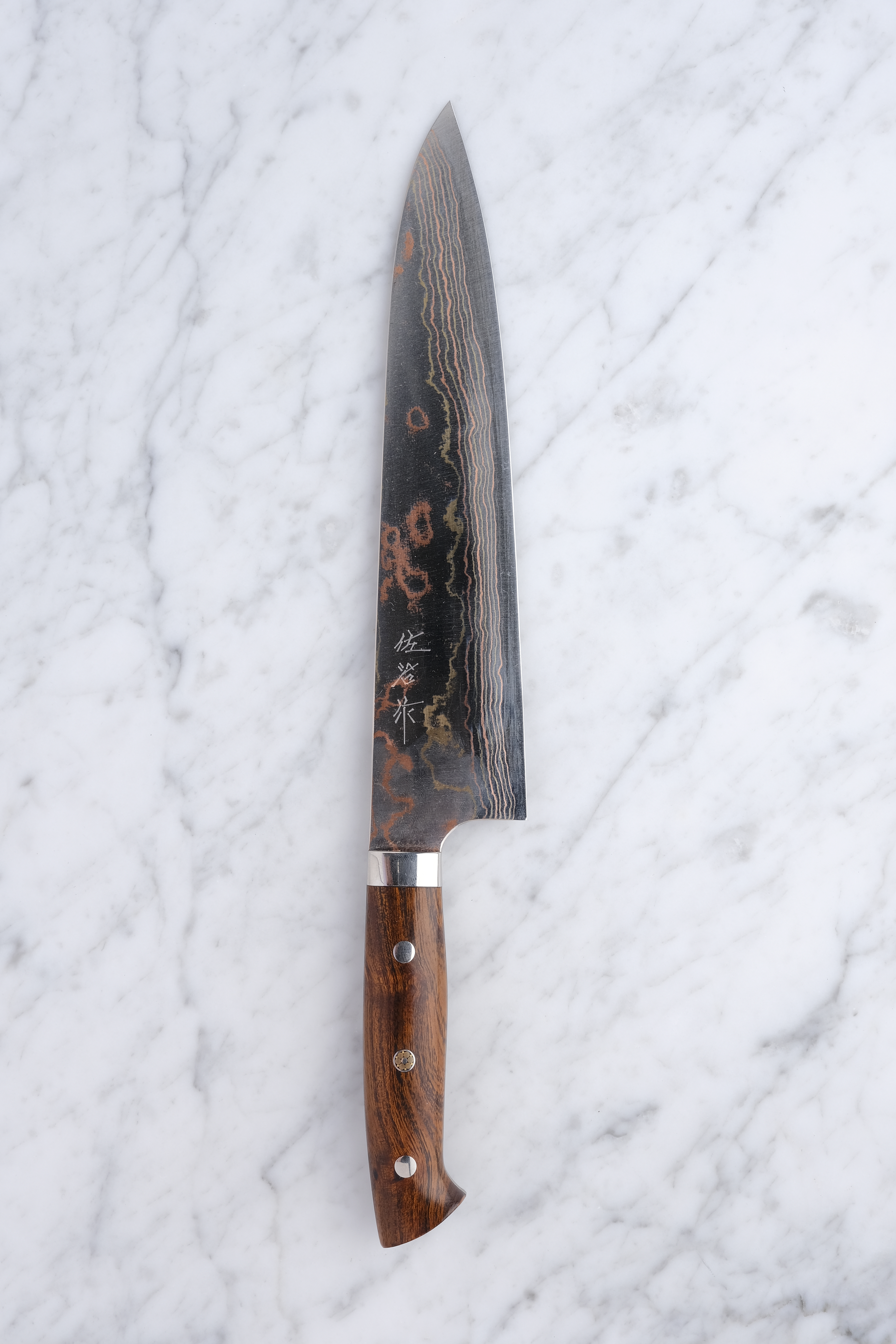 Takeshi Saji 240 mm Gyuto - Aogami 2 Rainbow Damascus - Western Ironwood